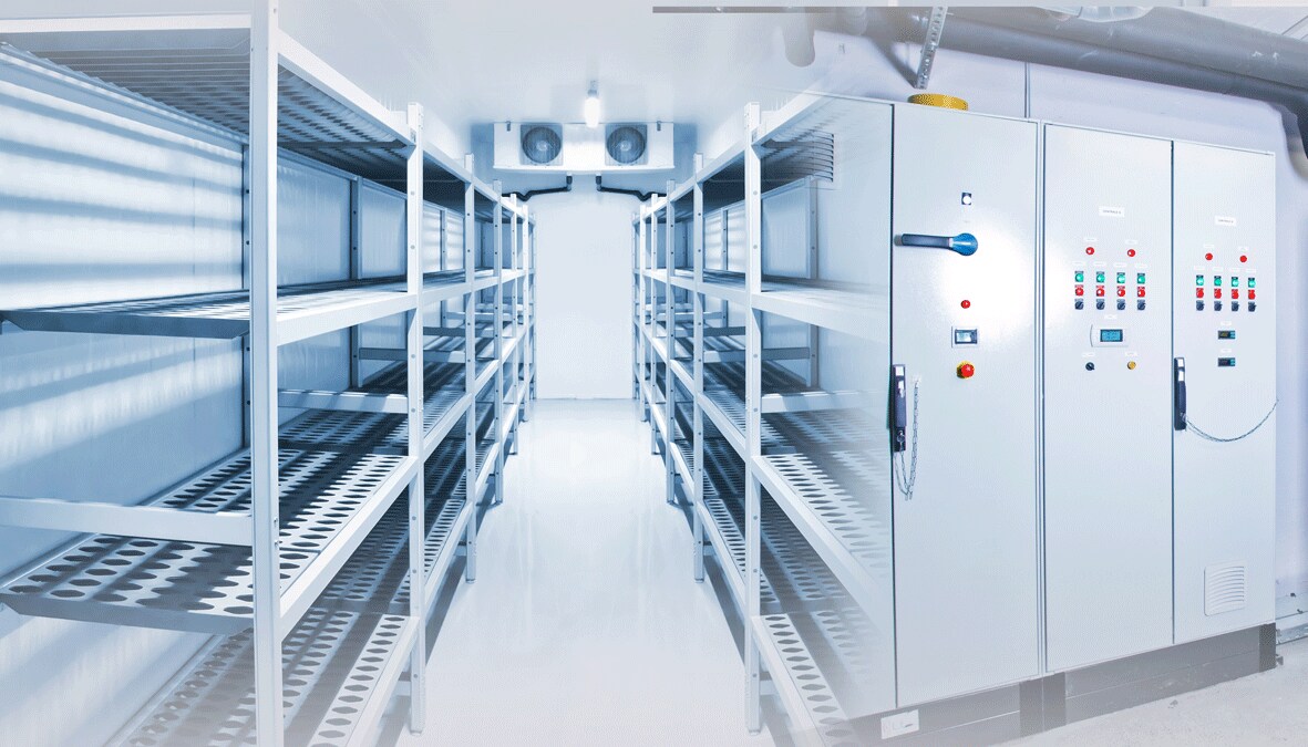 Refrigeration chamber for food storage. Control panels of the refrigerator. Concept - sale of freezing equipment. Equipment for food storage. Cooling. Industrial cold store with empty counters